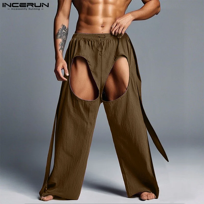 INCERUN Men Pants Solid Color Drawstring Joggers Loose Trousers Men Hollow Out Streetwear 2025 Fashion Male Long Pants S-5XL
