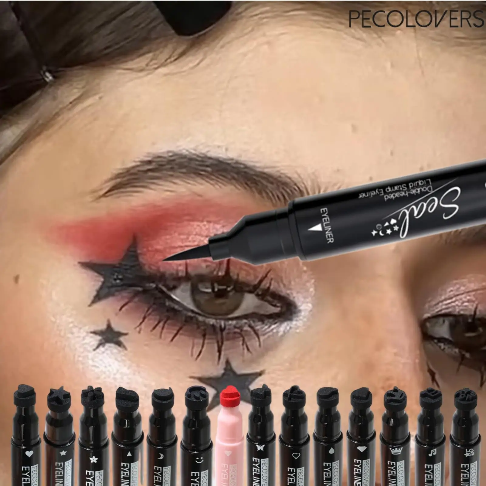 14PCS Multi Patterns Double Head Stamp Eyeliner Pen Set, Waterproof Black Liquid Eye Liner, Long Lasting Star Heart Stamp