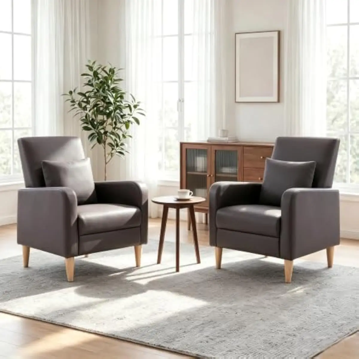 Mid-Century Inspired Dual Seating Unit – Faux Leather High-Back Lounge Chairs with Ergonomic Support, Removable Lumbar Cushion,