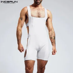 INCERUN 2024 Sexy Men's Homewear Stylish Side Hollowed Tight Elastic Jumpsuit Casual Solid Sleeveless Flat Angle Bodysuits S-5XL