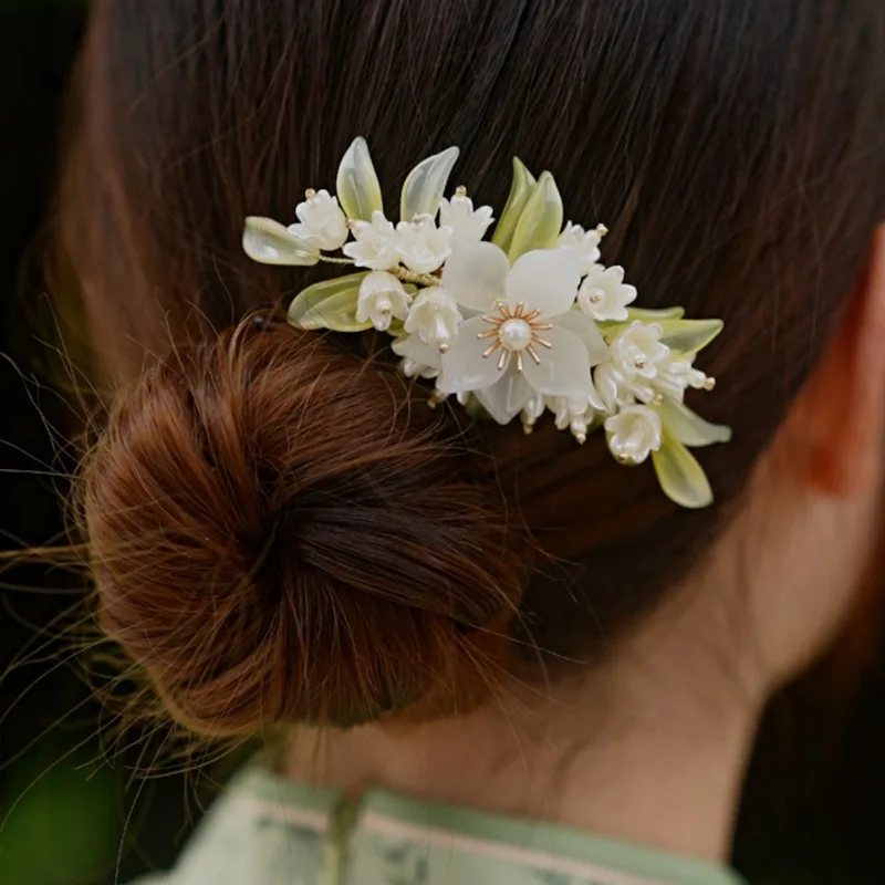 Floral Hair Comb Chinese Hanfu Hair Accessories For Women Green Flower Alloy Hairpin Hair Clips Vintage Girls Headwear Jewelry