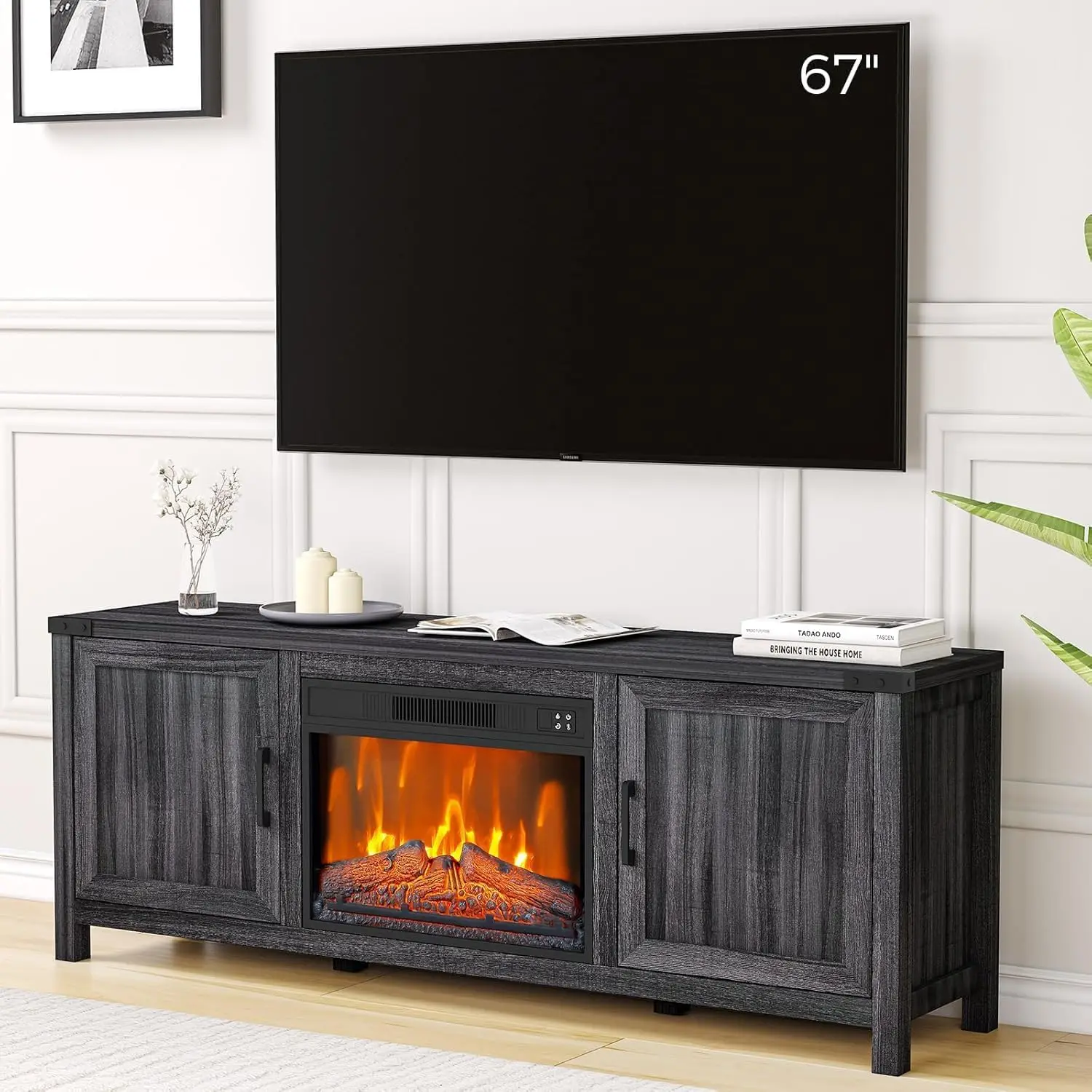 67 "Open Haard Tv-Standaard, 23" Elektrische Open Haard Insert, Zwarte Vrijstaande Tv-Standaard Met Open Haard Verwarming Afstandsbediening, Timer