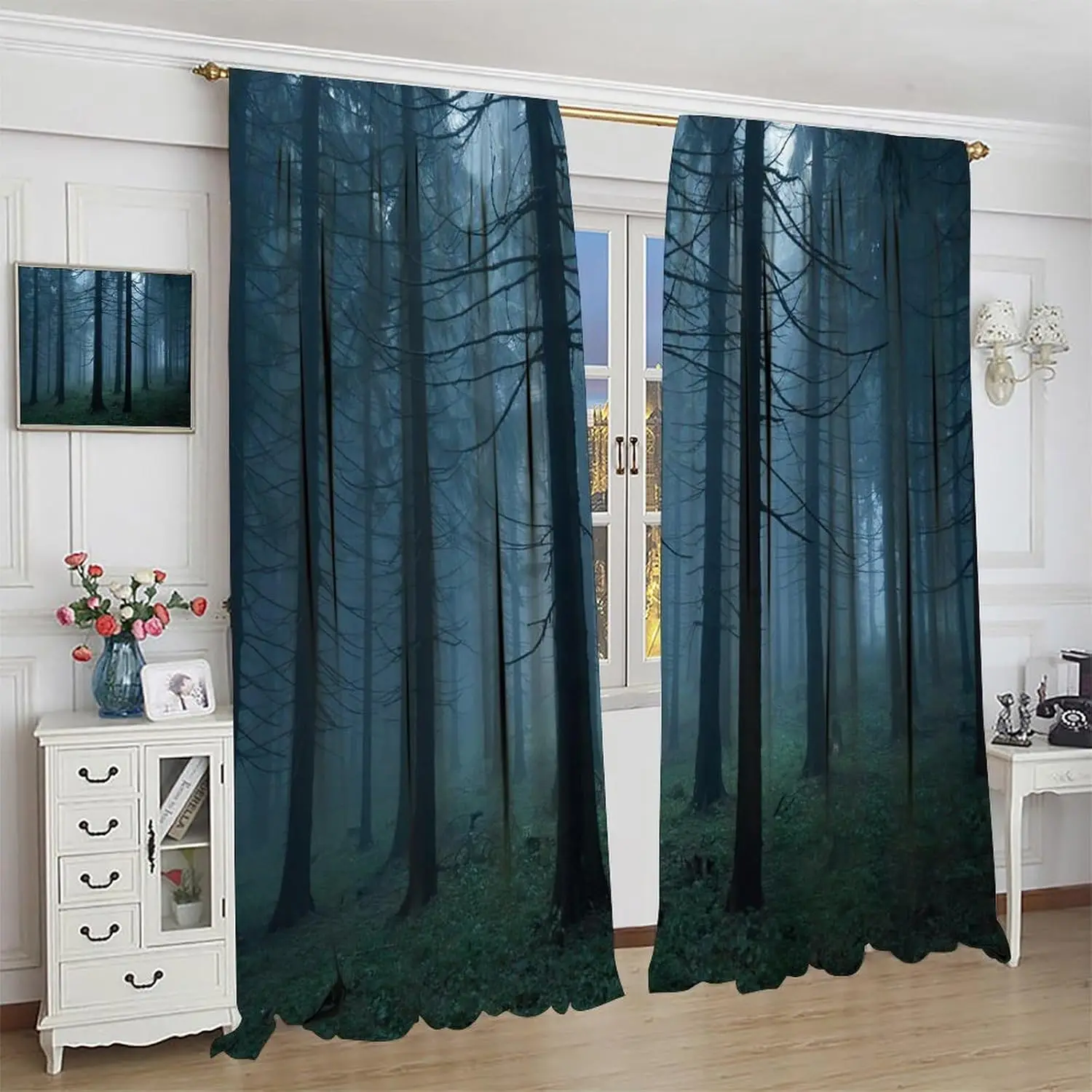 Forest Blackout Curtains, Mysterious Forest in The Mist in The Fall Nature Scenery Window Treatments for Bedroom Living Room