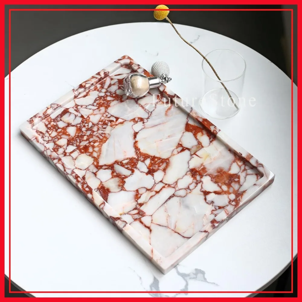 

Natural Marble Serving Tray for Home Decor, Vanity, Bathroom, Kitchen - Stone Storage Tray for Candles, Tissues, Towels