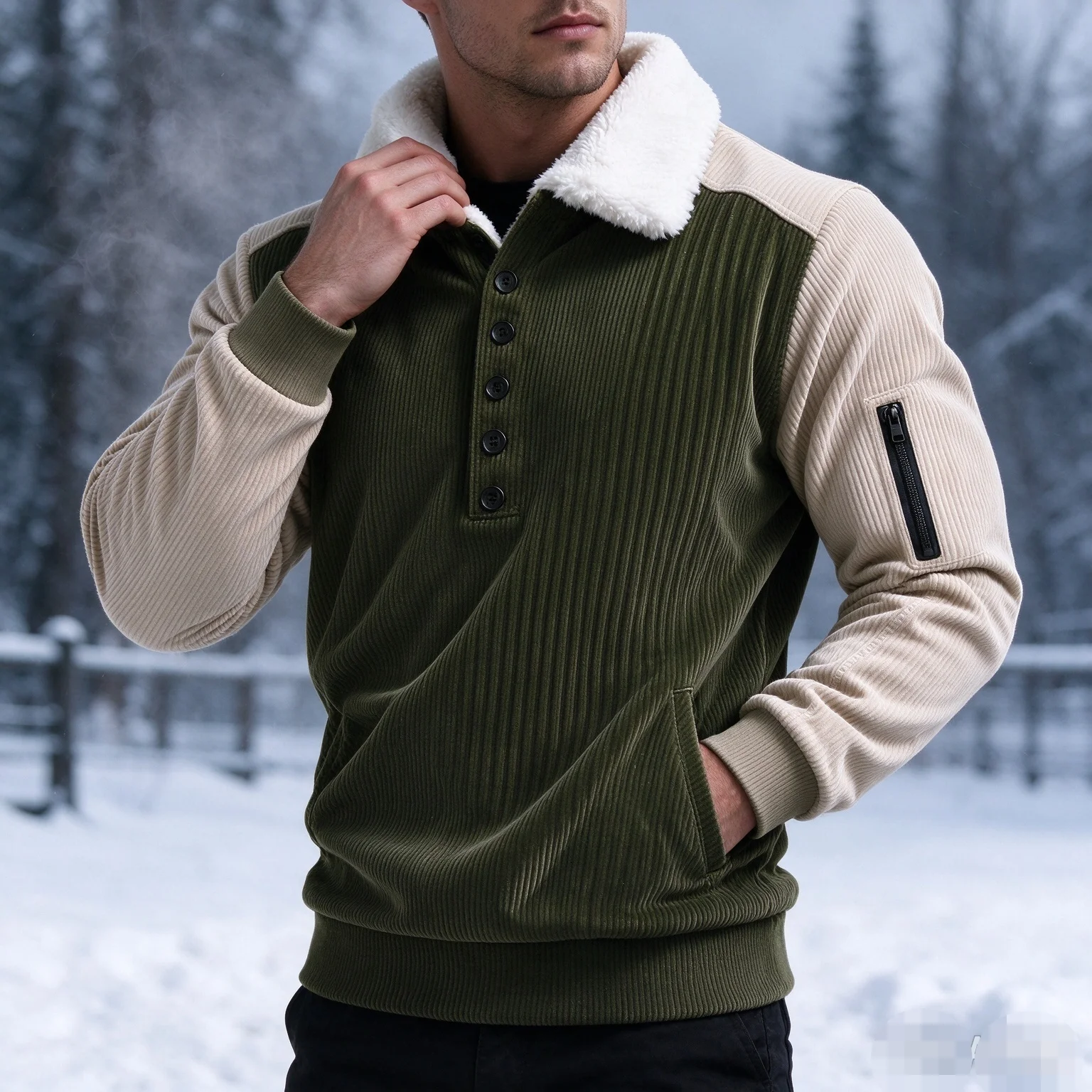 Men Color Block Corduroy Lapel Long Sleeve Shirt Fleece Lined Warm Casual Top Autumn Winter Plus Size