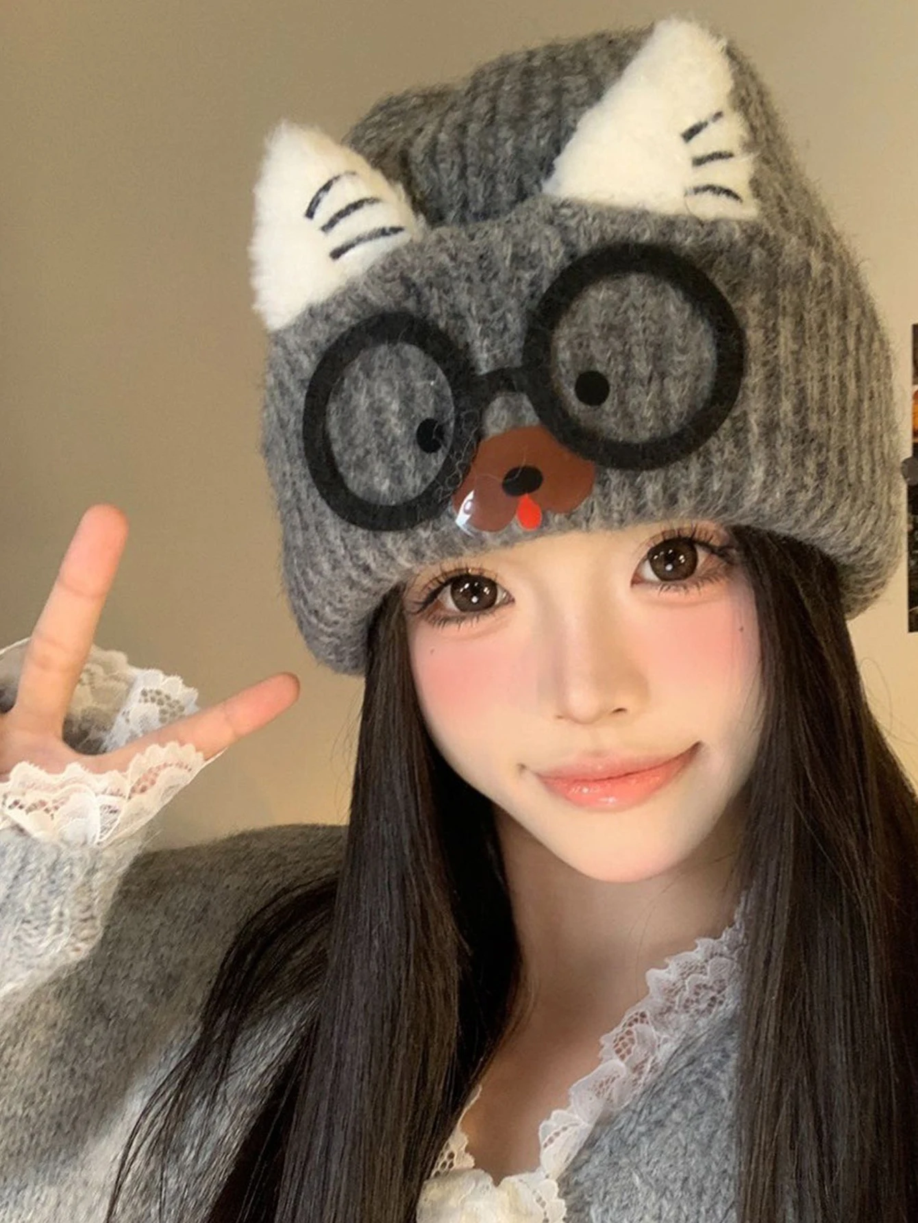 Autumn and winter warm glasses, cat ear knitted hat, women's face enhancement, small ear protection, cute woolen hat matching