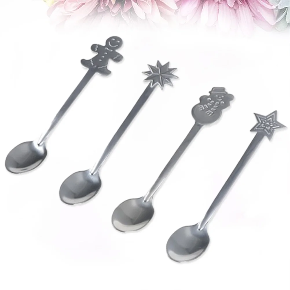 4 Pcs Hot Chocolate Station Christmas Spoon Coffee Spoons for Bar Silver Stainless Steel