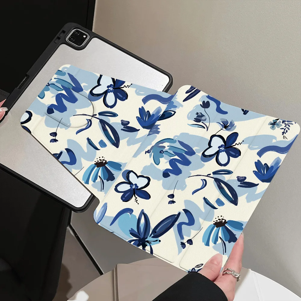 360° Rotatable Tri-Fold for Samsung Galaxy Tab S9 S10 FE A9 A11 S7 S8 Plus Painted Tablet Aesthetic Art Blue Hand‑Painted Flower