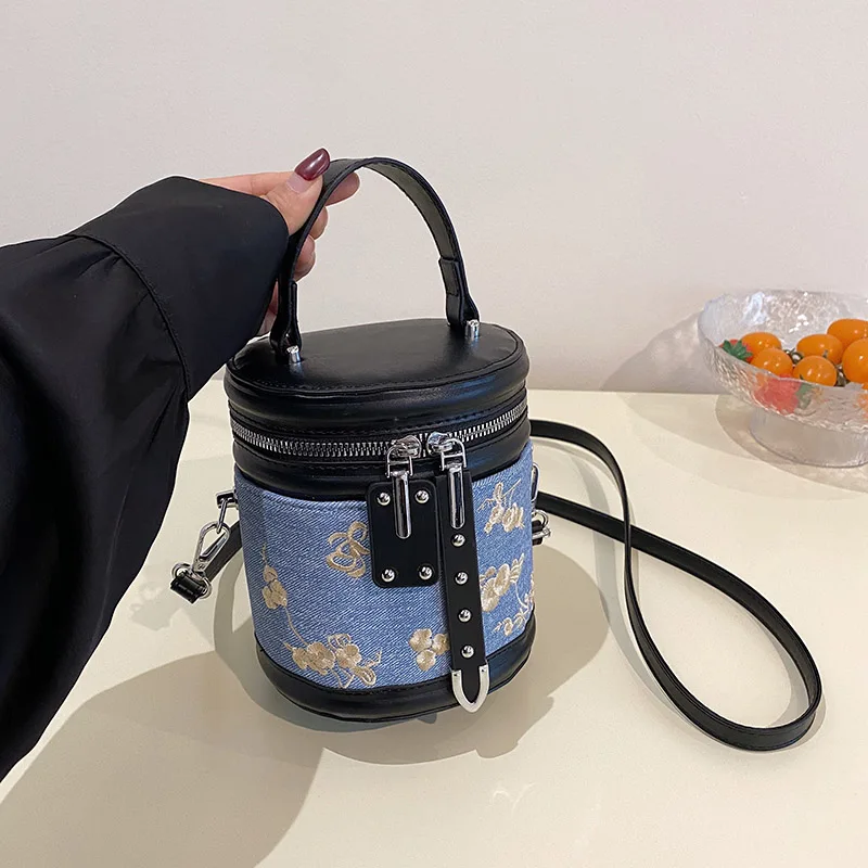 Luxury Brand Handbag Fashion Cylinder Crossbody Bag Casual Women Bucket Bag Satchel Vintage Embroider Flower Female Shoulder Bag