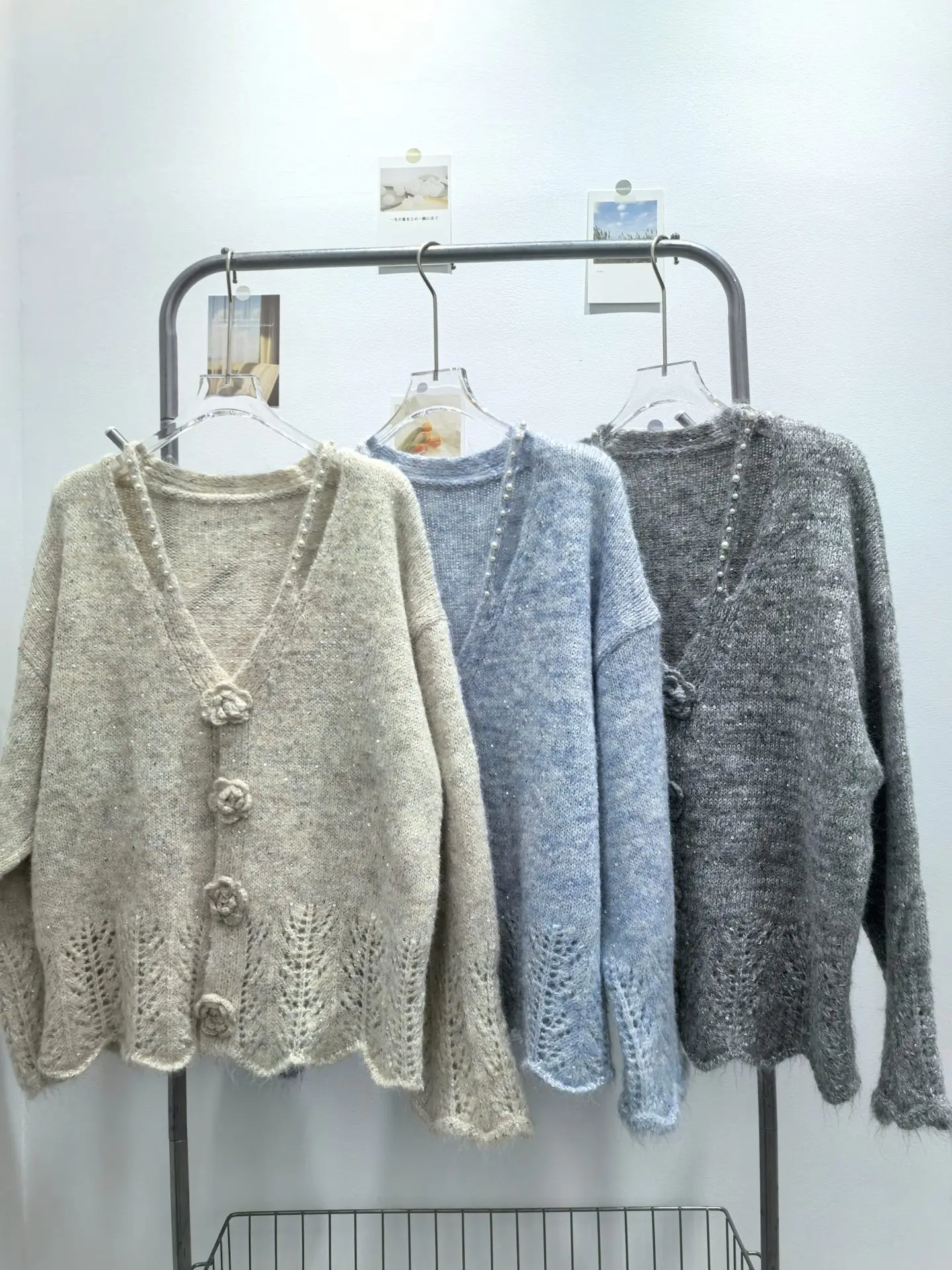 Vrouwen Gebreid Vest Casual Pailletten Truien 3D Bloem Kralen Lange Mouwen Loose Fit Dikke Open Stitch Office Lady 2025 Herfst