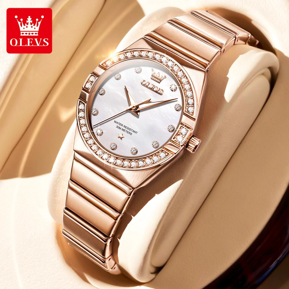 OLEVS 9975 Original Woman Watch Luxury Diamond Bezel Stainless Steel Waterproof Quartz Watch for Women Elegant Ladies Wristwatch