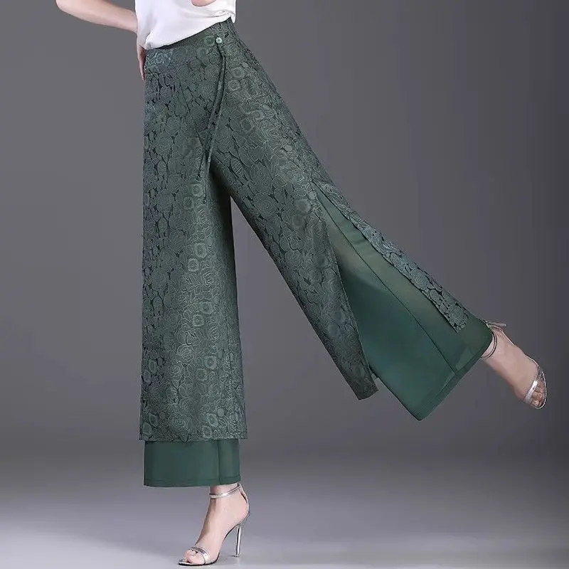 Wide-Leg Center Slit Women's Summer Lightweight High-Waist Loose Straight-Leg Pants Draping Jacquard Ice Silk Slimming Fit