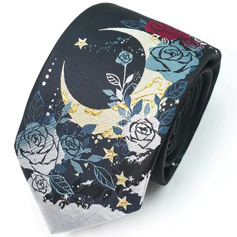 

Оригинальный галстук ручной работы JKDK в стиле пэчворк с черной розой и луной, унисекс, подарок для студентов, аксессуар для повседневной рубашки