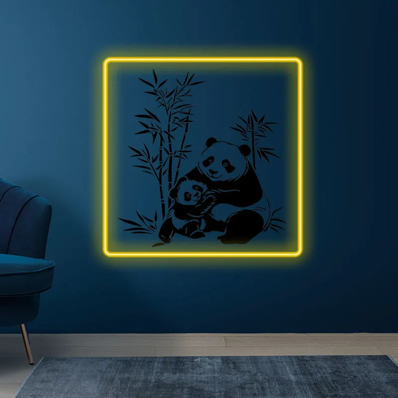 Toysign Panda Family Bamboo Neon Wall Light, Elegant LED Art for Living Room, Nursery Decor, Gift for Panda Lovers, Yellow Frame