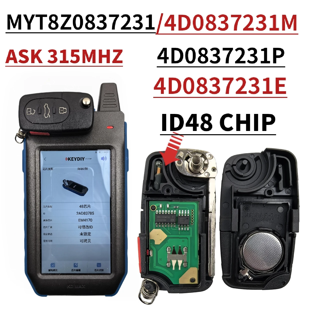 

2pieces MYT8Z0837231/4D0837231M/P/E 315mhz 48Chip Key For Audi A3 A4 A6 A8 TT RS4 Quattro 1994 - 2004 Car Remote Flip car Key