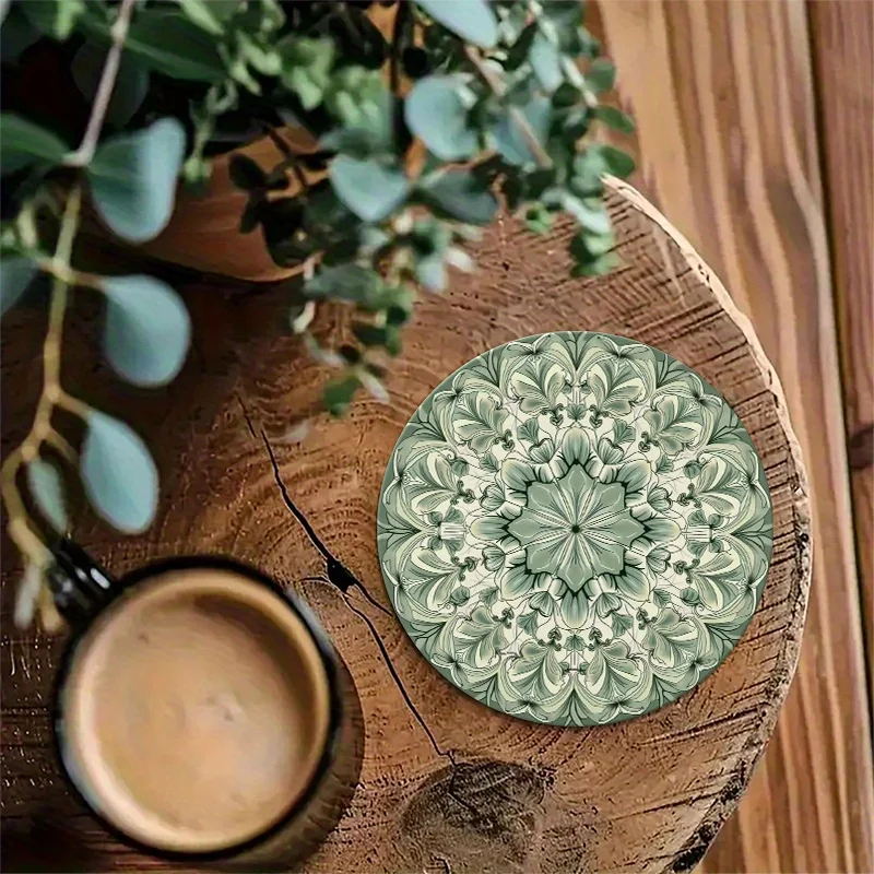 Light Green Mandala Flower Pattern Round 2D Wooden Beverage Coaster Home Decor Dining Table Mat Festival Housewarming Party Gift
