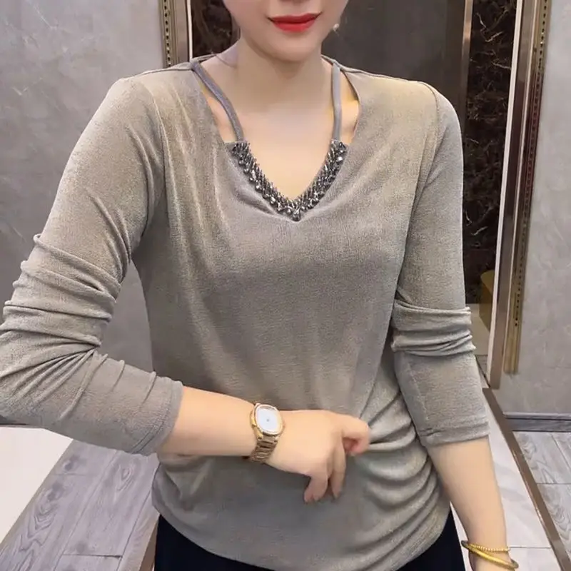 

Уникальная женская футболка с v-образным вырезом и длинными рукавами, весенне-осенняя повседневная темпераментная элегантная футболка, модная женская одежда