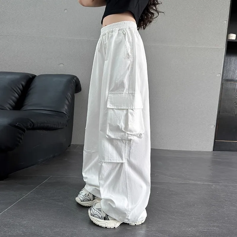 

2026 Girls‘ Washed Cotton Cargo Wide Leg Pants for Autumn, Casual Outdoor Trousers for Big Kids, Trendy Breathable Bottoms New