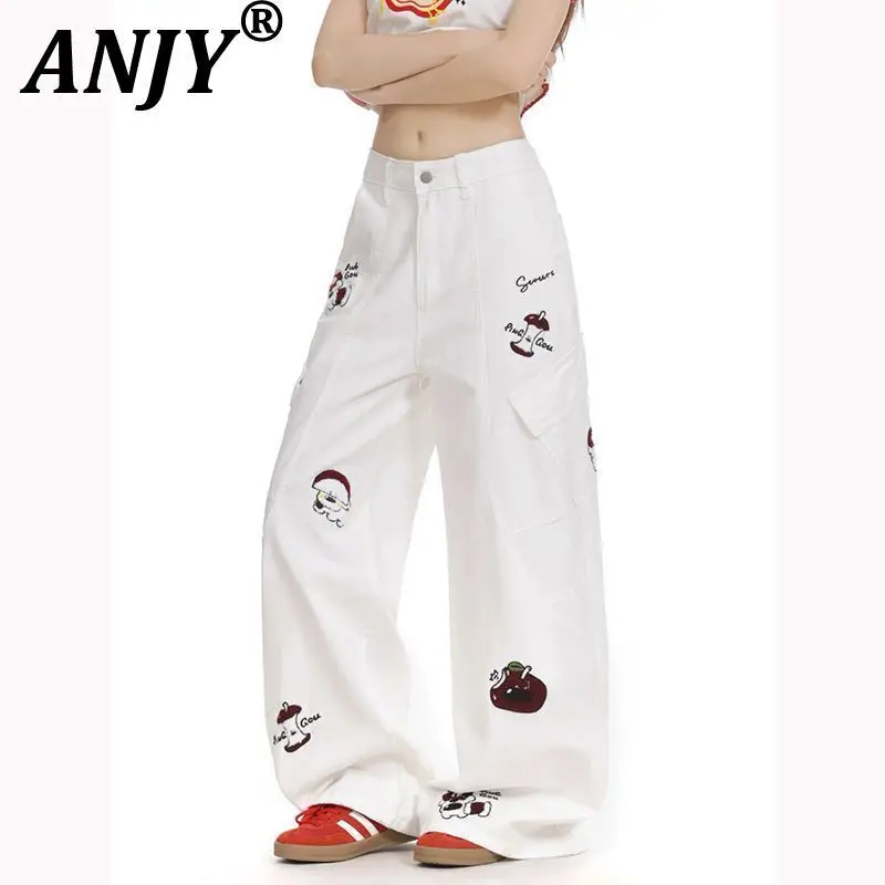 

ANJY осенние новые женские американские белые элегантные джинсы с вышивкой щенка High Street Chic Ins Tide джинсовые прямые брюки-карго A12385