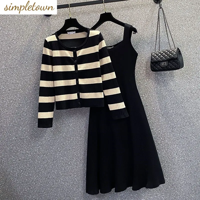 

Women's Set Spring and Autumn Korean Striped Knitted Cardigan Casual Dress Age Reducing Elegant Women's Two Piece Set