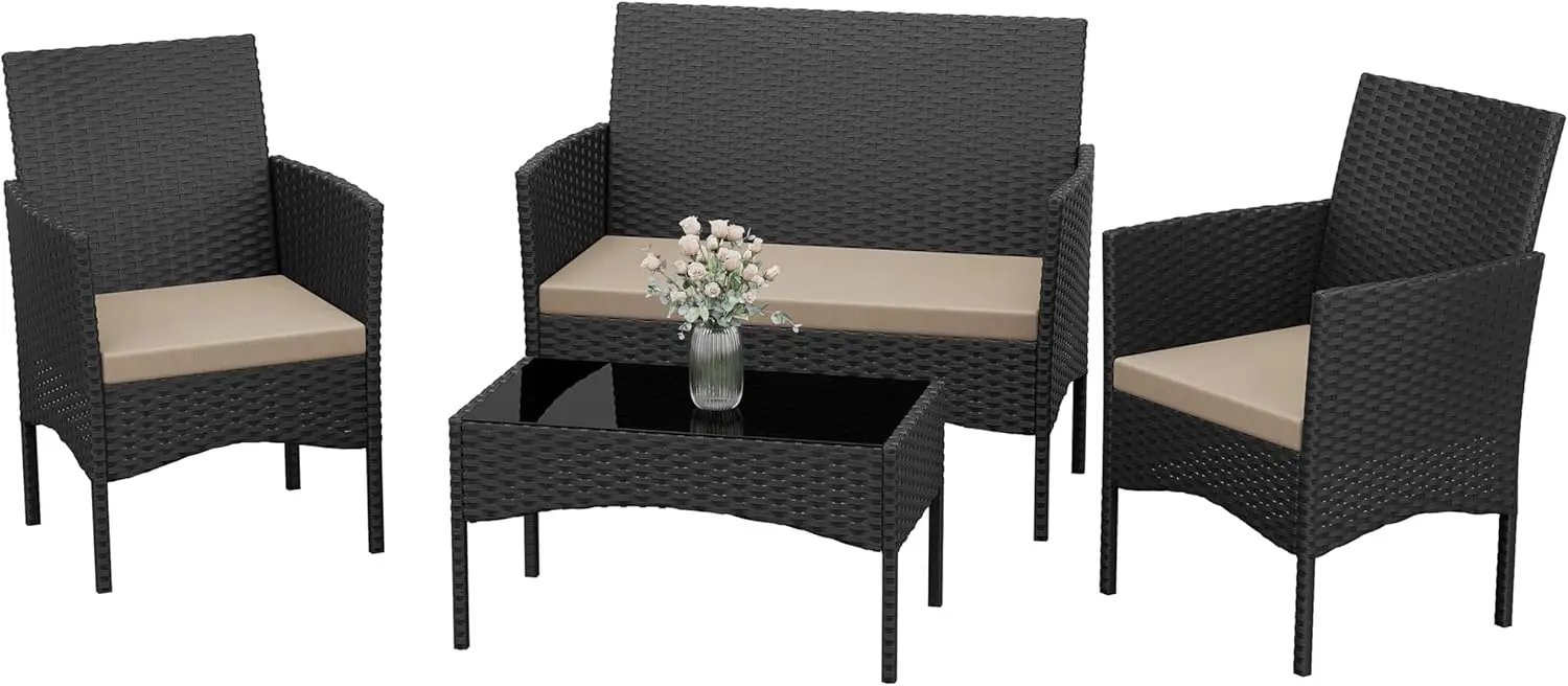 4-Piece Outdoor Wicker Rattan Conversation Set with Coffee Table, Rocking Bistro Chairs for Patio, Deck, Backyard