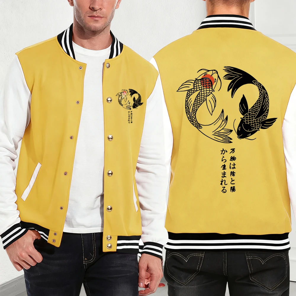 

Японские хлопковые пальто с принтом кои в стиле Харадзюку, мужские зимние флисовые теплые куртки, базовый карманный бейсбольный трикотаж, уличная мужская одежда