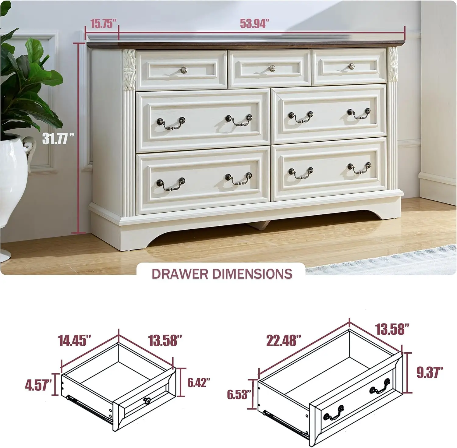 Farmhouse 7 Drawers Dresser, Dressers for Bedroom, 54