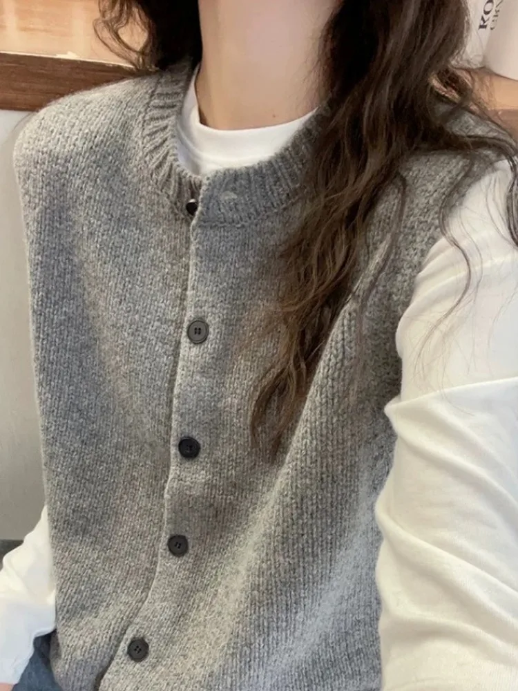 

Женский вязаный жилет из 100% шерсти с круглым вырезом, модный, для многослойных образов, с подплечниками, простой, свободного кроя, теплый