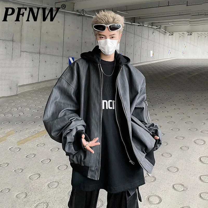 

PFNW New Autumn Men's PU Leather Jackets Hooded Fake Two-piece Zipper Loose Male Coats Solid Color New Darkwear 2024 12C1081