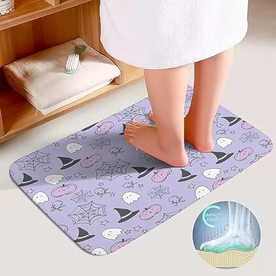 Pink Purple Ghost Bath Mat Set 3 Piece Boo Halloween Soft Bathroom Rugs Bath Mat Contour Rug and Toilet Lid Cover Sets