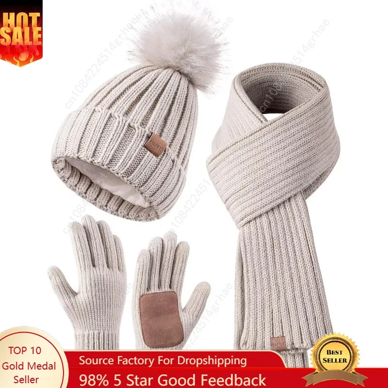 

Winter Beanie Hat Scarf Gloves Set for Women, Womens Beanie with Pom Pom Long Scarf Neck Warmer Touchscreen Gloves 3 in 1 Set