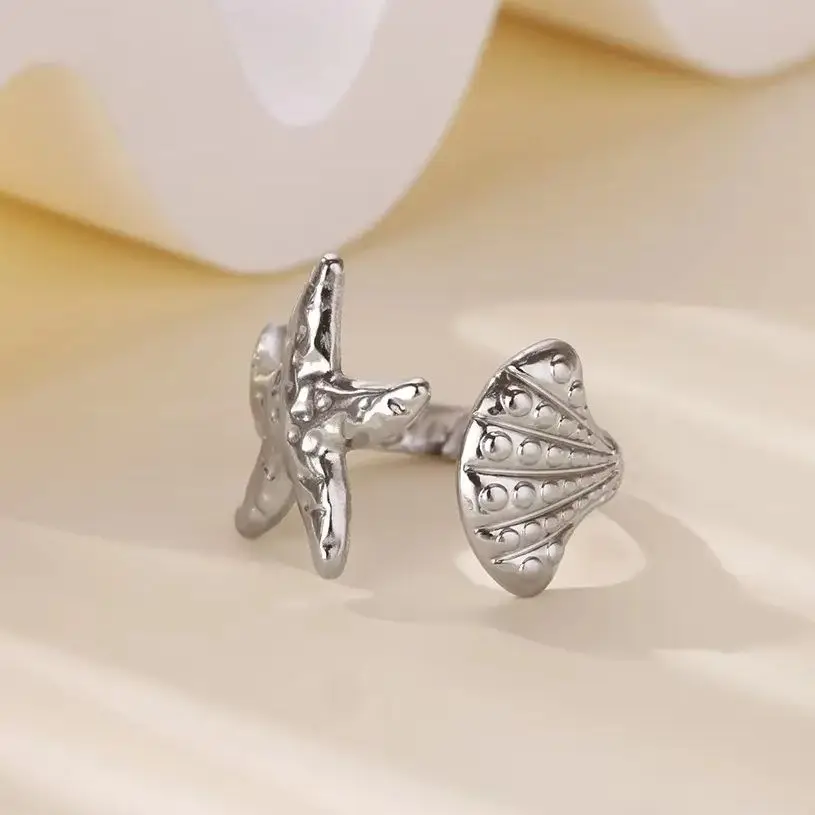 Starfish Shell Rings for Women Gold Color Stainless Steel Starfish Adjustable Ring Summer Ocean Style Jewelry Beach Accessories