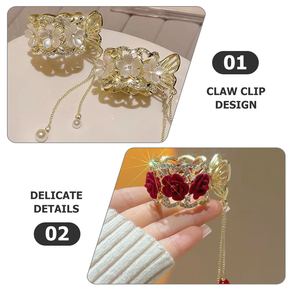 

2Pcs Exquisite Flower Tassel Ponytail Cuffs Alloy Hair Clips for Women Decorative Claw Clip High Ponytail Holder for All Hair