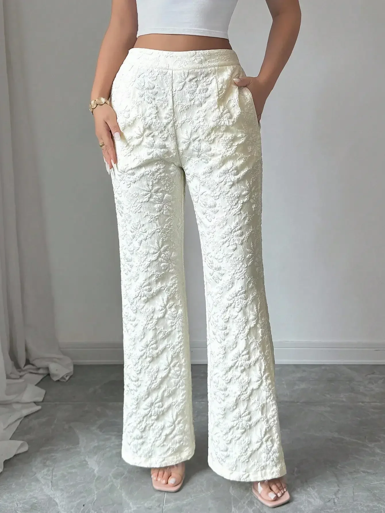 

Womens Floral Jacquard Flare Pants Solid Color