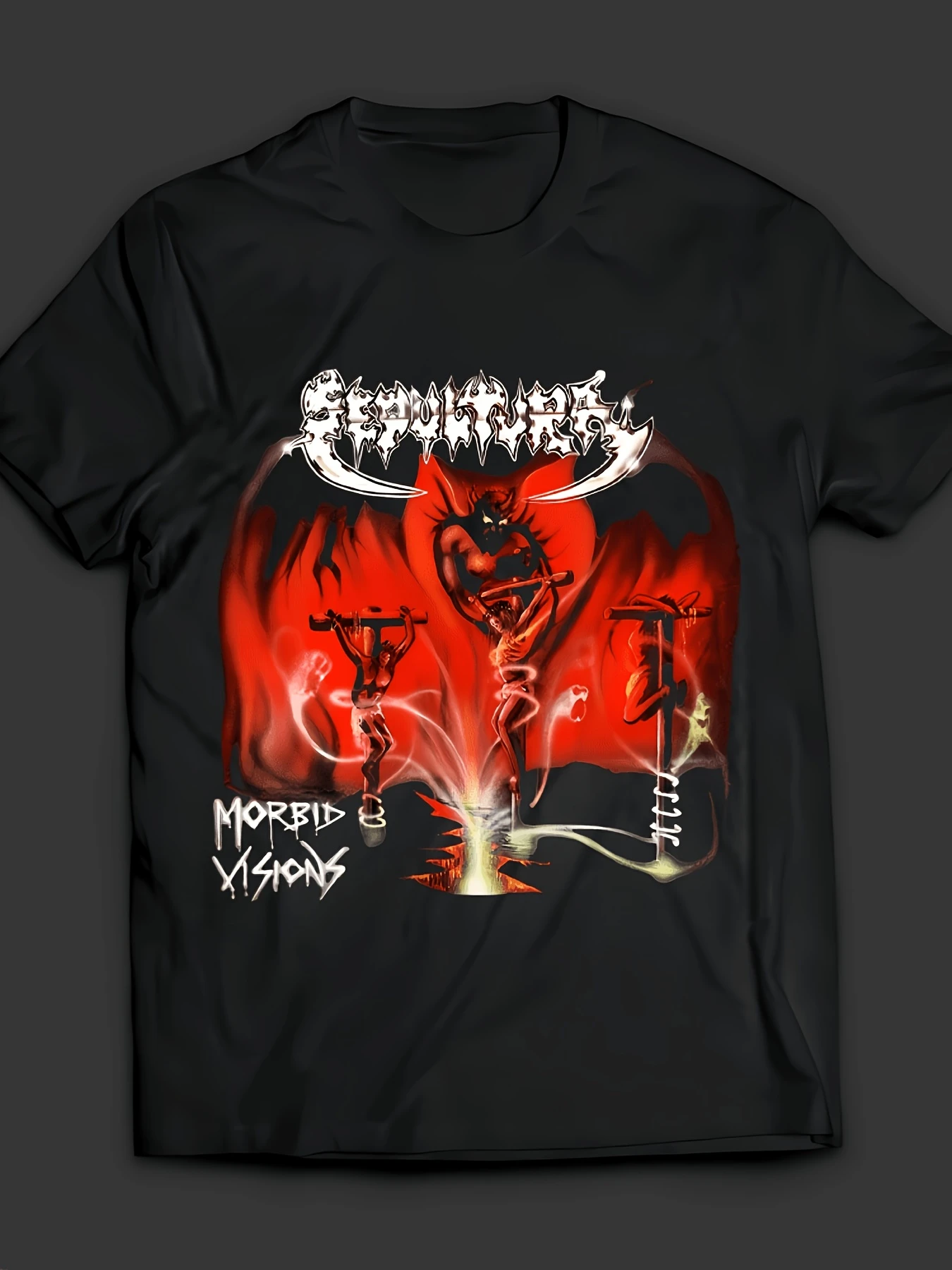 Black T Shirt Men Heavy Metal Sepultura Morbid Visions Band Logo Print Rock Music Concert Tour Tee Dark Gothic