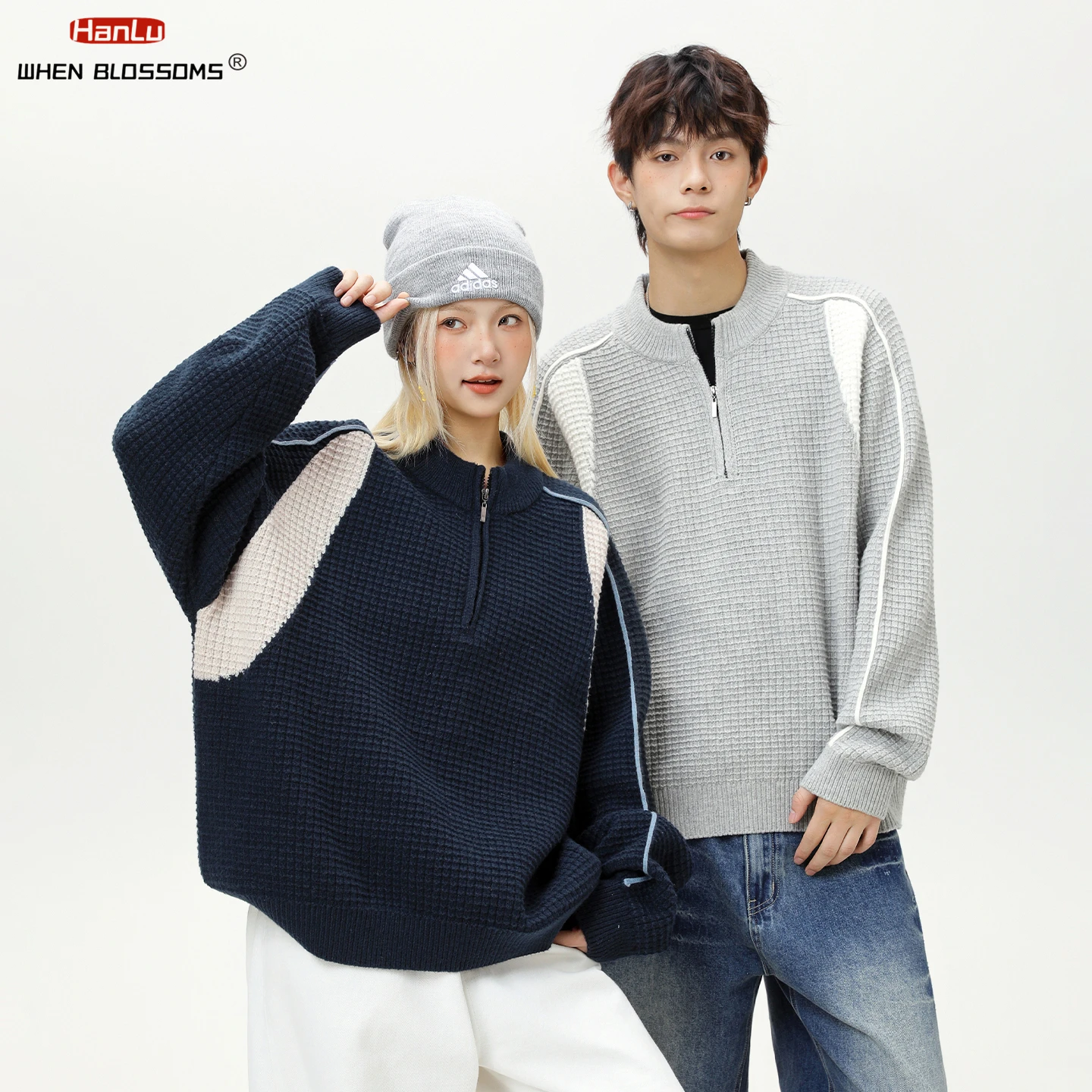 Hanlu 2025 Unisex Color Block Pullover Half Zip Mid-Collar Sweater Couple Grid Texture Warm Knitwear Winter Coat