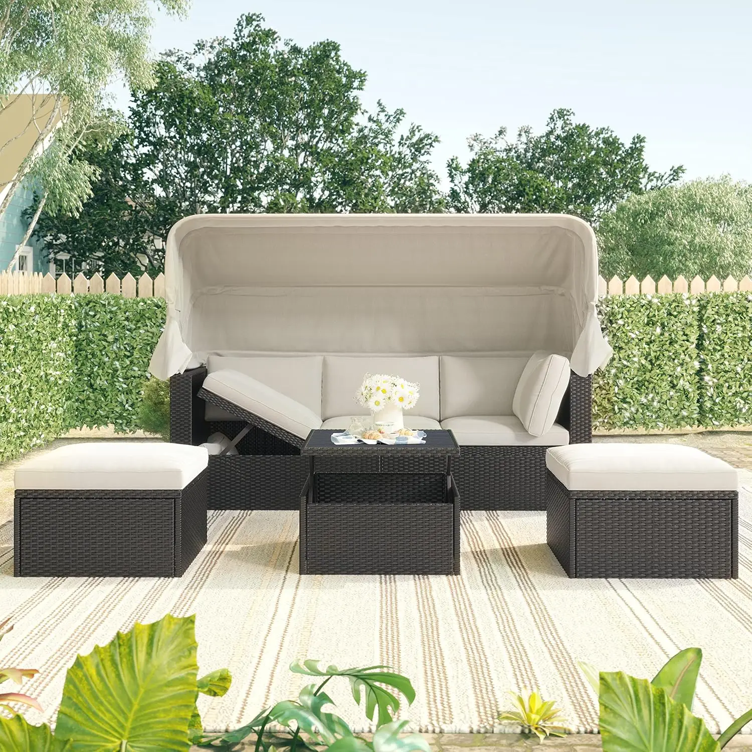 Outdoor Patio Daybed With Retractable Canopy Wicker Sectional Sofa Washable Cushions Backyard Porch, Customized
