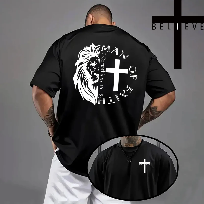 Frühling Sommer Täglich Casual Mode Jesus Kreuz Baumwolle Tees Christus Drucken T-shirt Männer Hohe Qualität Reine Farbe Kurzarm Top – Detail 2