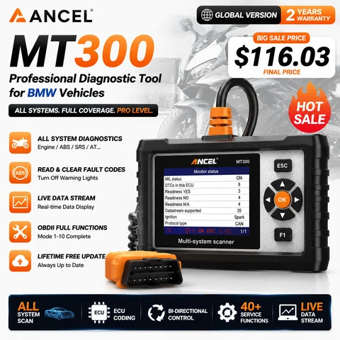 Outil de diagnostic moto OBD2 ANCEL MT300BT pour BMW, lecteur de codes de tous les systèmes, 32 services de réinitialisation, scanner moto OBD 2, mise à jour gratuite