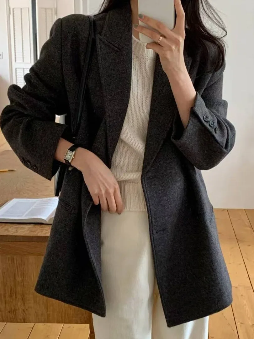 

Шикарное шерстяное пальто в стиле ретро, женское двубортное длинное пальто с воротником-свеком, облегающее талию верхнее пальто