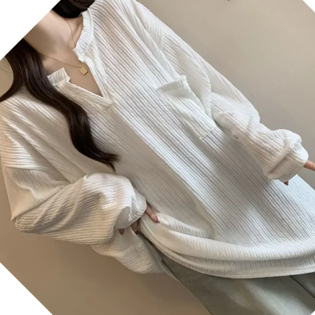 Large Size Women's Clothing Autumn And Winter New Solid Color Loose And Thin Texture Medium And Long V-neck Long-sleeved T-shirt