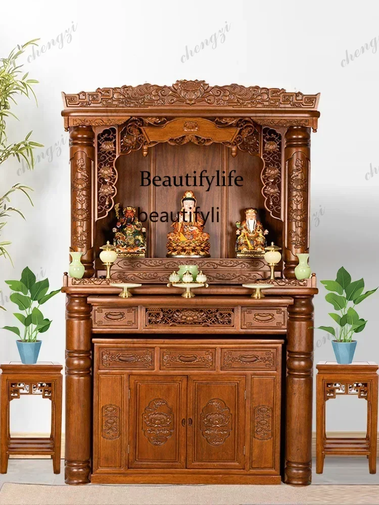 Cy Santuario de Buda de madera maciza, gabinete de Buda, santuario, lámpara trasera de estilo chino, adoración del edificio de Buda, oración, mesa de Altar