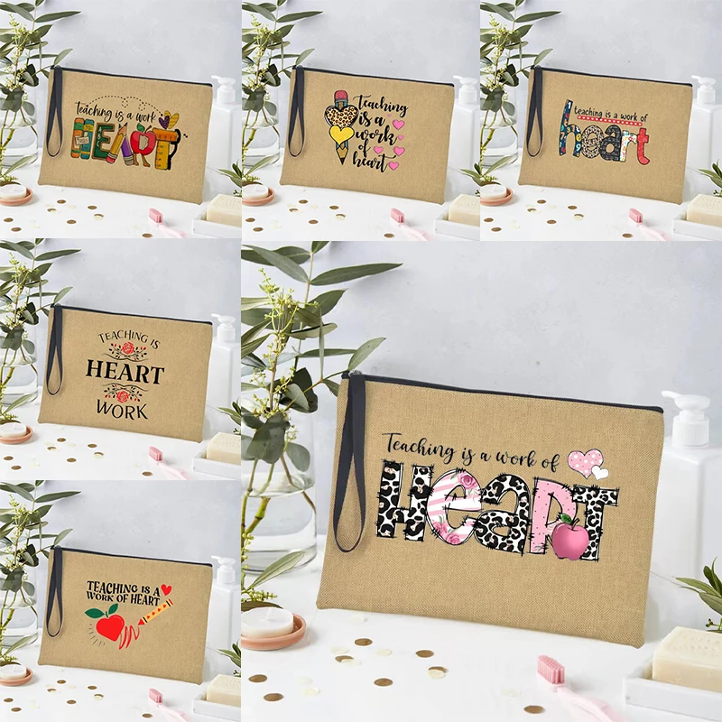 

Teaching Is A Work of Heart Linen Makeup Bag Multifunctional Cosmetic Pouch Gift for Graduation Retirement Best Gift for Teacher