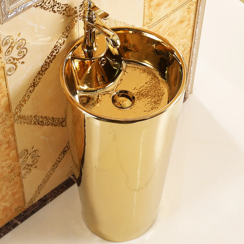 Column basin, washbasin, bar, floor standing ceramic gold integrated design