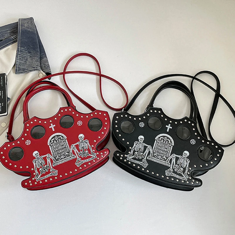 Halloween Totenkopf-Kreuz-Print Umhängetasche, Damen Gothic Nieten-Dekorations-Handtasche, Y2k Mädchen Stilvolle Einzigartige Tragetasche – Detail 1