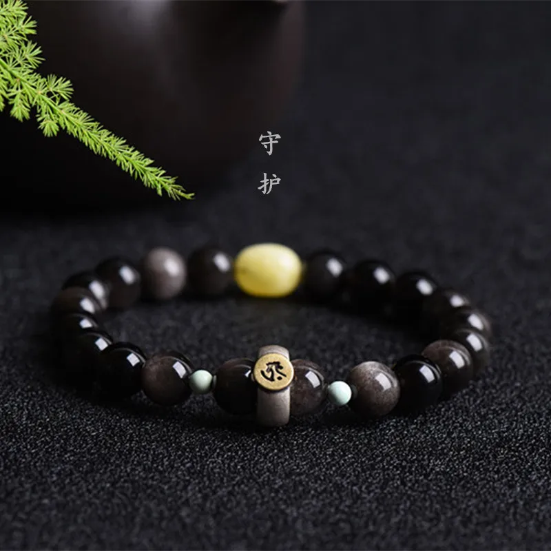 

Natural Obsidian Bracelet with Wax Transfer Beads Pure Silver Buddha Heart Fashion Simple Men's and Women's Raw Hand Jewelry