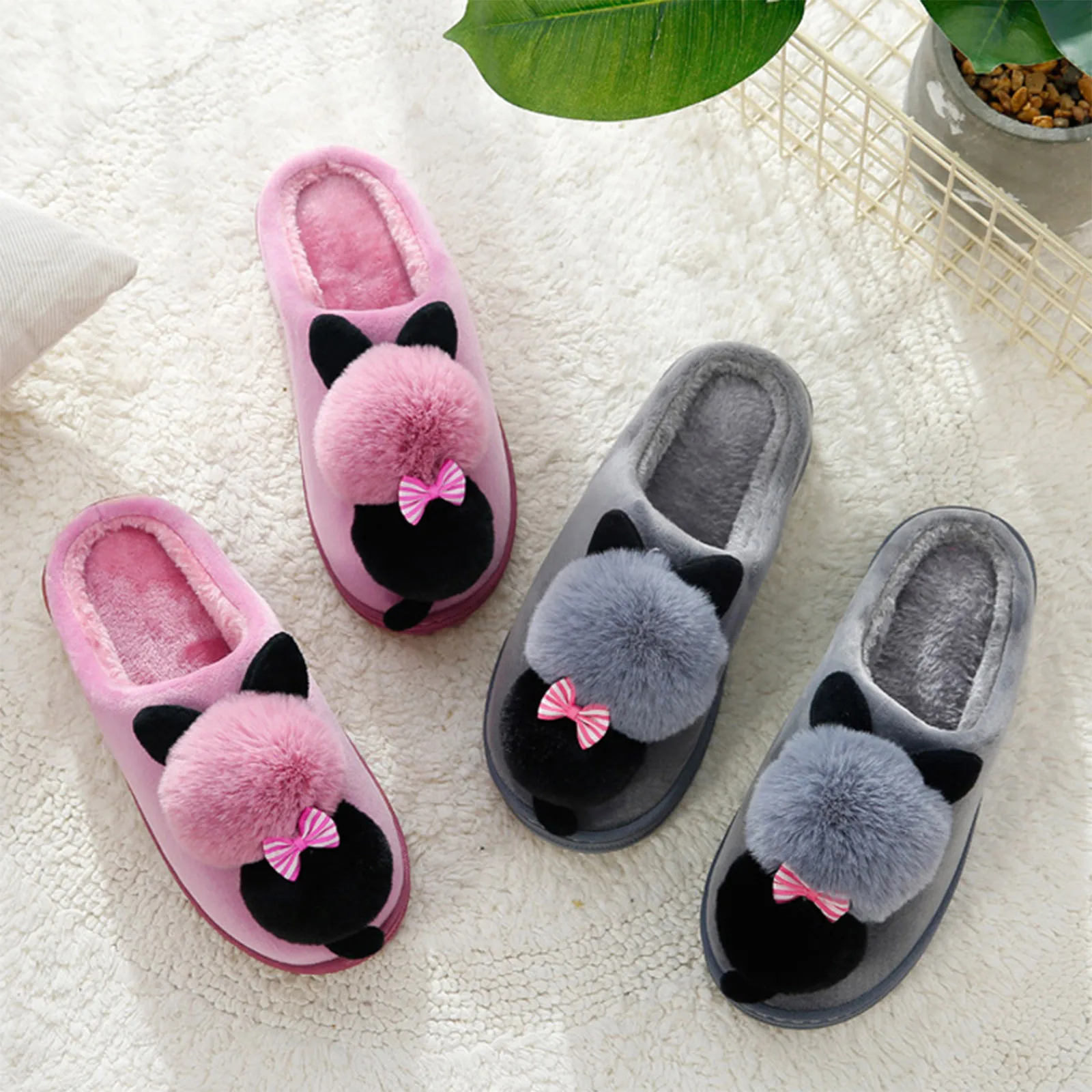 Fluffy Plush Slippers For Woman 37 Size Cute Furry Bowknot Deco Slides Daily Indoor Anti-Silp Soft Rubber Sole Shoes Babouche