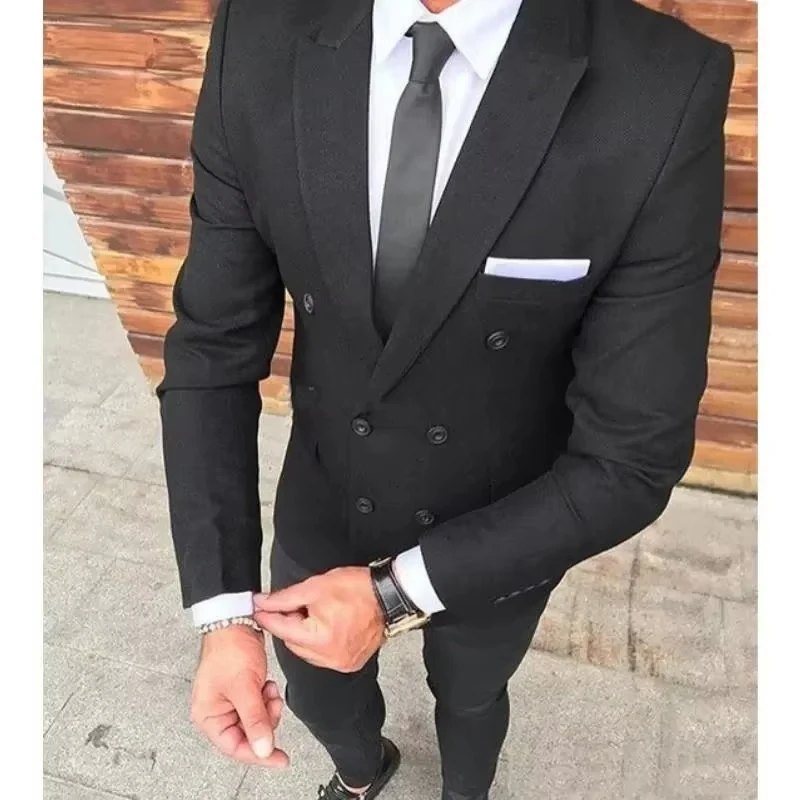 

Мужской черный костюм-двойка Slim Fit: двубортный пиджак и брюки, приталенный крой, стандартная длина, шикарный наряд для вечеринок