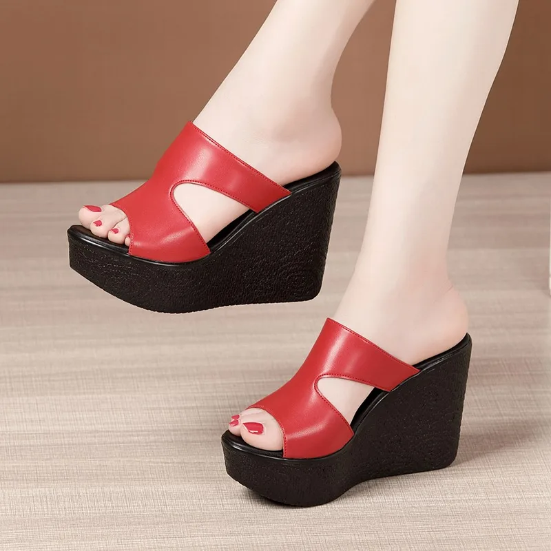 Image of Plattform-Hausschuhe für Damen, klobige Sommerschuhe, echte Sandalen, Weiß, 2025, Damen-Sandalen mit Keilabsatz, Street-Style-Frau-Slides