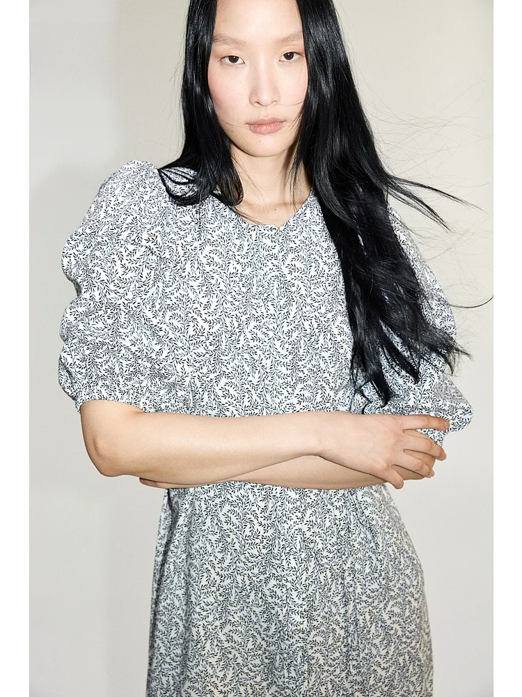 H&M Damska Spódnica Midi Dr Spring ort Sve Bubble Sve Design z Kwiatowym Nadrukiem, Casualowa, Okrągły Dekolt, Średniej Długości